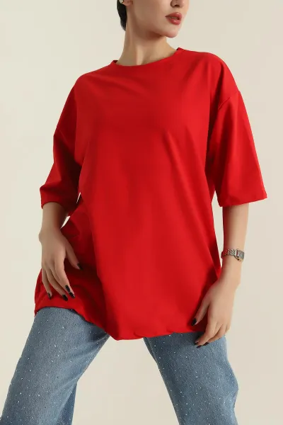 Kırmızı İki İp Bisiklet Yaka Kadın Oversize Tişört 423910