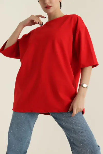 Kırmızı İki İp Bisiklet Yaka Kadın Oversize Tişört 423910