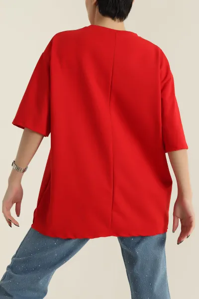 Kırmızı İki İp Bisiklet Yaka Kadın Oversize Tişört 423910
