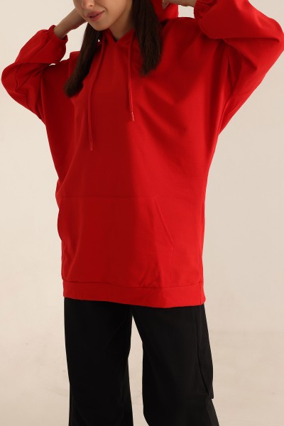 Kırmızı İki İp Kapşonlu Sweat Tunik 198417