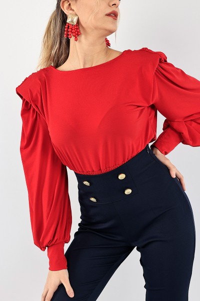 Kırmızı İncili Vatkalı Saten Bluz 95380