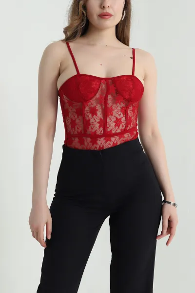 Kırmızı İp Askılı Dantel Kadın Bodysuit 464864