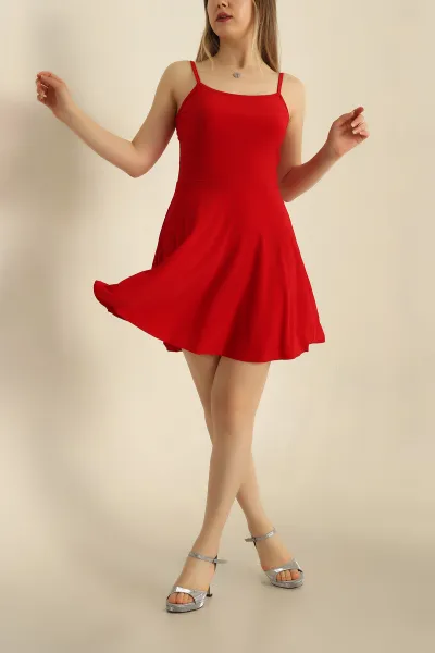 Kırmızı İp Askılı Sandy Kumaş Elbise 266543
