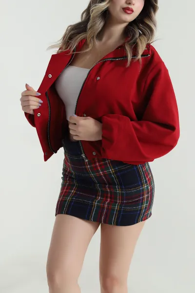 Kırmızı İthal Lusso Kumaş Boğazlı Trend Kadın Mont 496448