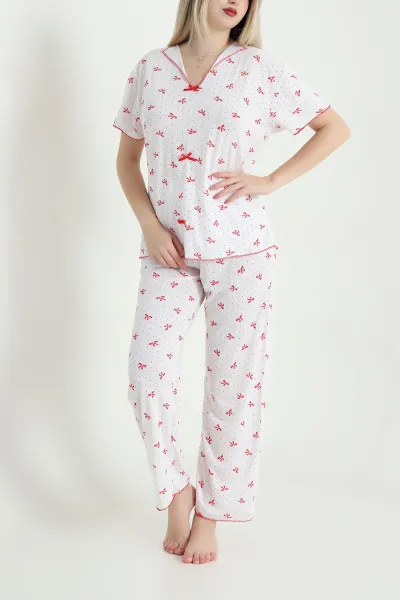 Kırmızı Jakarlı Fiyonklu Kadın Pijama Takımı 466702