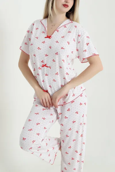 Kırmızı Jakarlı Fiyonklu Kadın Pijama Takımı 466702