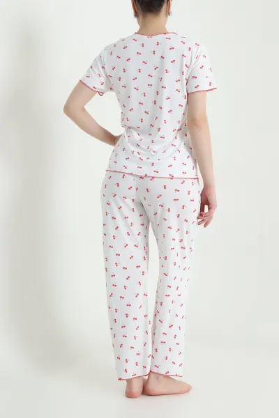 Kırmızı Jakarlı Fiyonklu Kadın Pijama Takımı 466703