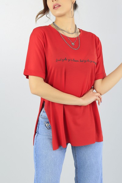 Kırmızı Kabartma Baskılı Bayan Tişört 56043