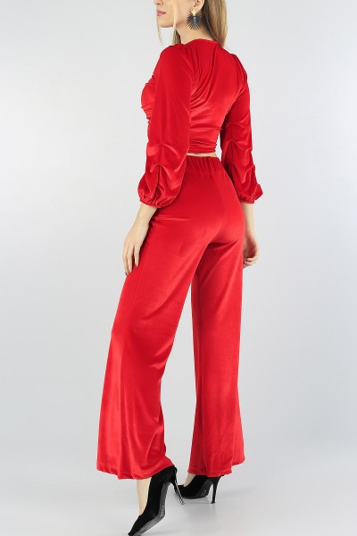Kırmızı Kadife Bluz Pantolon Bayan İkili Takım 55434