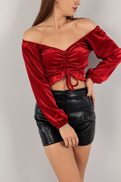 Kırmızı Kadife Büzgülü Bluz 133944