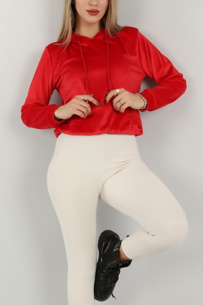 Kırmızı Kadife Kapüşonlu Bayan Sweat 147289