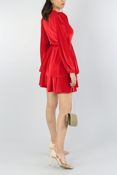 Kırmızı Kadife Katlı Elbise 55444