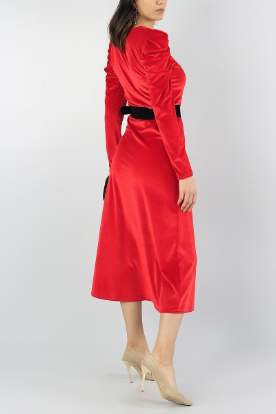 Kırmızı Kadife Kemerli Elbise 55396