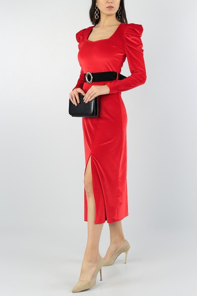 Kırmızı Kadife Kemerli Elbise 55396