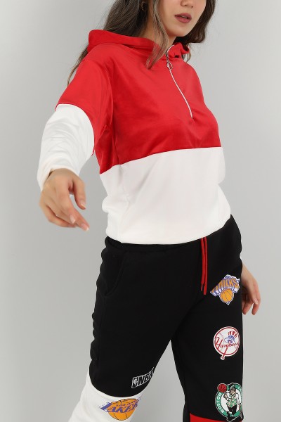 Kırmızı Kadife Yarım Fermuarlı Sweat 147295