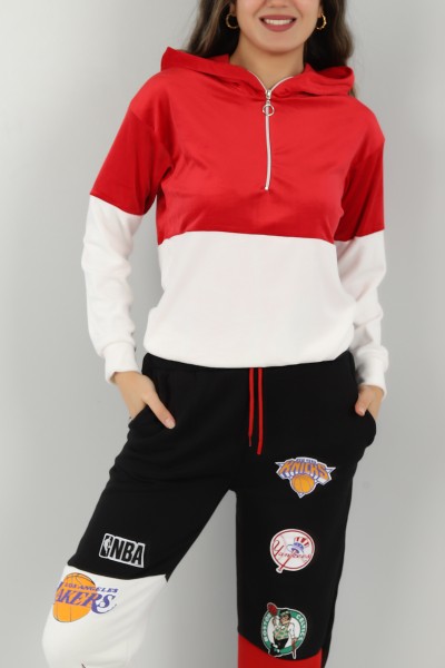 Kırmızı Kadife Yarım Fermuarlı Sweat 147295