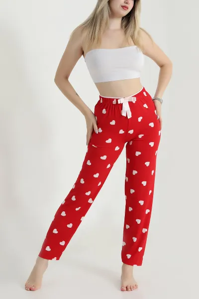 Kırmızı Kalp Desenli Beli Lastikli Kadın Pijama Altı 470760