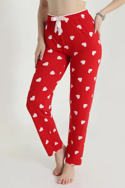 Kırmızı Kalp Desenli Beli Lastikli Kadın Pijama Altı 470760