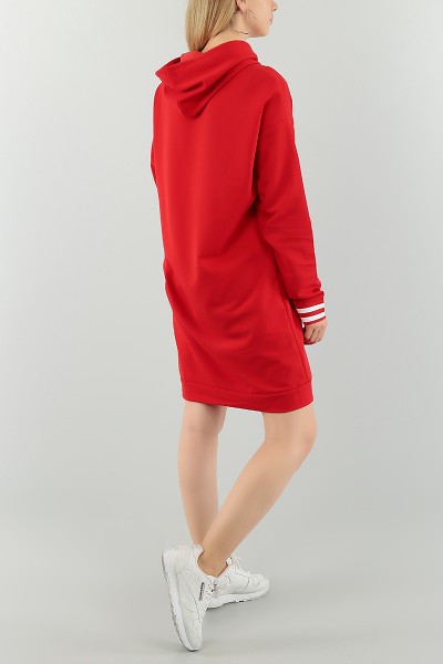 Kırmızı Kanguru Cep Kapüşonlu Elbise Tunik 74686