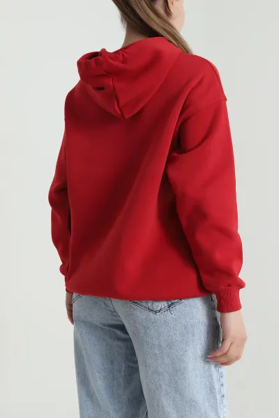Kırmızı Kapşonlu Şardonlu Üç İp Kadın Sweat 484983