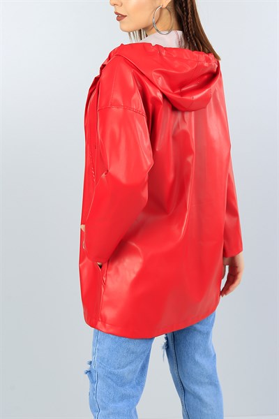 Kırmızı Kapüşonlu Bayan Deri Yağmurluk 40695