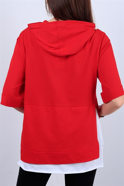 Kırmızı Kapüşonlu Bayan İkili Tişört 12391B