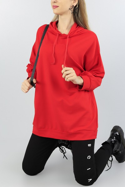 Kırmızı Kapüşonlu Bayan Sweat Tunik 55557