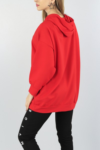 Kırmızı Kapüşonlu Bayan Sweat Tunik 55557