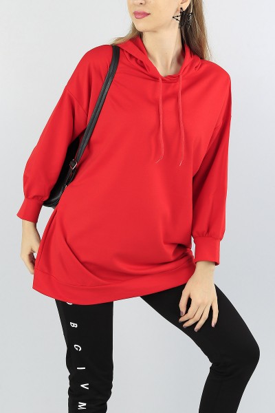 Kırmızı Kapüşonlu Bayan Sweat Tunik 55557