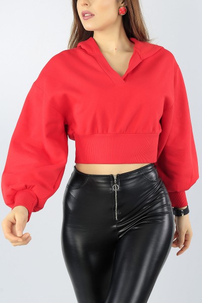 Kırmızı Kapüşonlu Üç İp Bayan Crop Sweat 53564