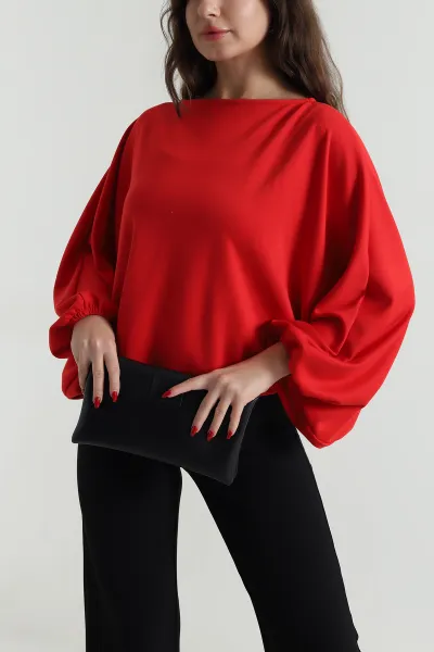 Kırmızı Kayık Yaka Modal Kadın Bluz 496116