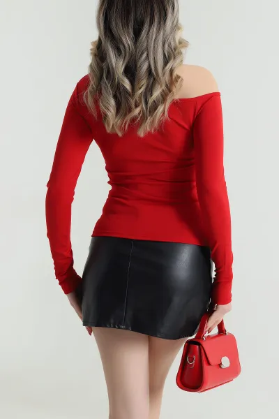 Kırmızı Kayık Yaka Scuba Kadın Bluz 491743