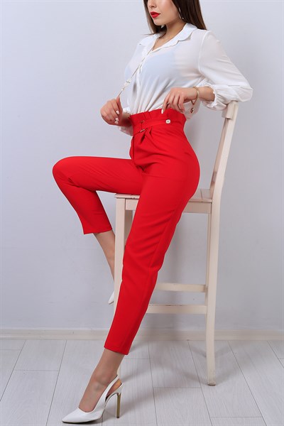 Kırmızı Kemer Detaylı Bayan Kumaş Pantolon 14139B
