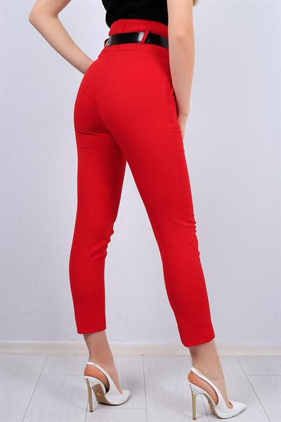 Kırmızı Kemerli Bayan Kumaş Pantolon 12731B