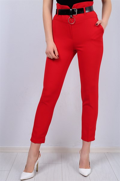 Kırmızı Kemerli Bayan Kumaş Pantolon 12731B