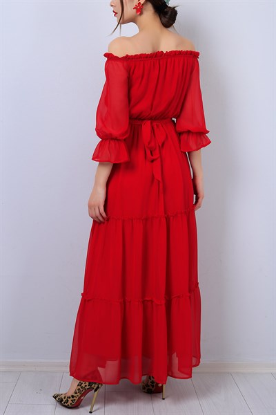 Kırmızı Kemerli Bükümlü Bayan Şifon Elbise 13618B