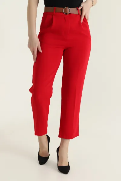 Kırmızı Kemerli İthal Crep Kadın Pantolon 436913