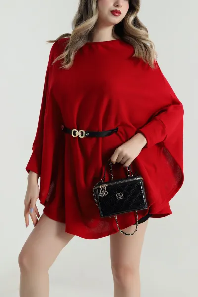 Kırmızı Kemerli Kadın Triko Pelerin 496257