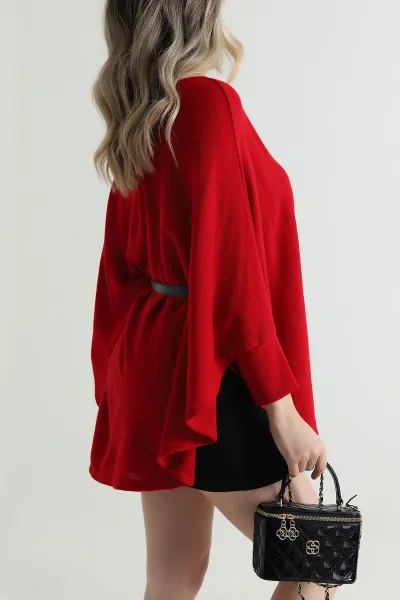 Kırmızı Kemerli Kadın Triko Pelerin 496257