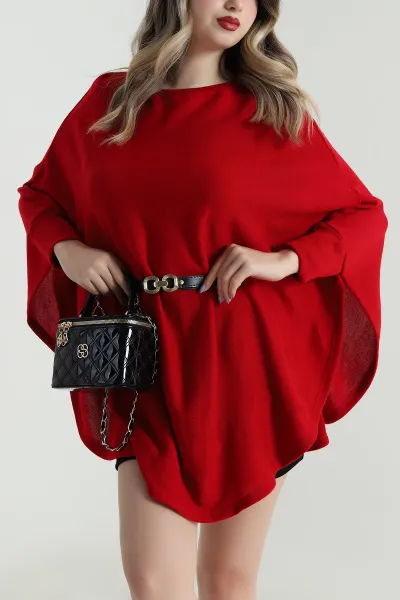 Kırmızı Kemerli Kadın Triko Pelerin 496257