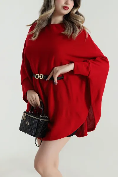 Kırmızı Kemerli Kadın Triko Pelerin 496257