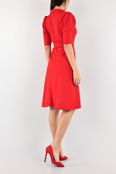 Kırmızı Kemerli Kruvaze Elbise 94235