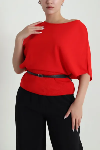 Kırmızı Kemerli Yarasa Kol Kadın Triko Bluz 483768