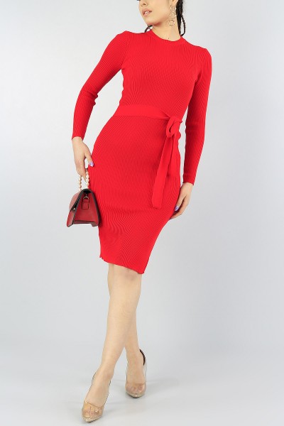 Kırmızı Kemerli Yırtmaçlı Triko Elbise 55790