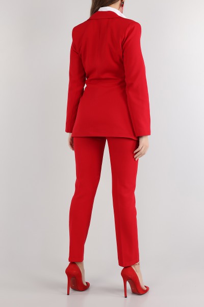 Kırmızı Kendinden Kemerli Ceket Pantolon Bayan İkili Takım 166112