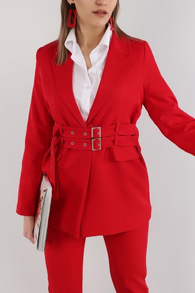 Kırmızı Kendinden Kemerli Ceket Pantolon Bayan İkili Takım 166112