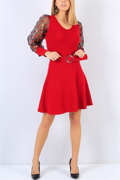 Kırmızı Kol Detay Likralı Triko Elbise 22112B
