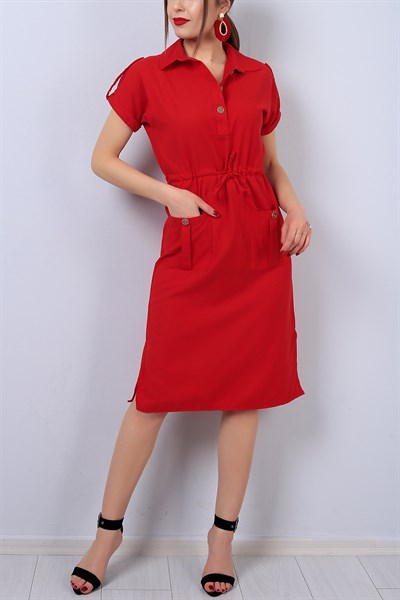 Kırmızı Kol Katlı Bayan Cepli Elbise 13561B