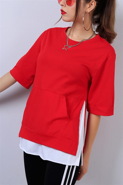 Kırmızı Kol Katlı Bayan Salaş Tişört 14494B