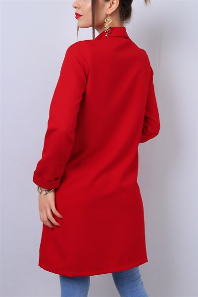 Kırmızı Kol Katlı Bayan Uzun Ceket 13381B